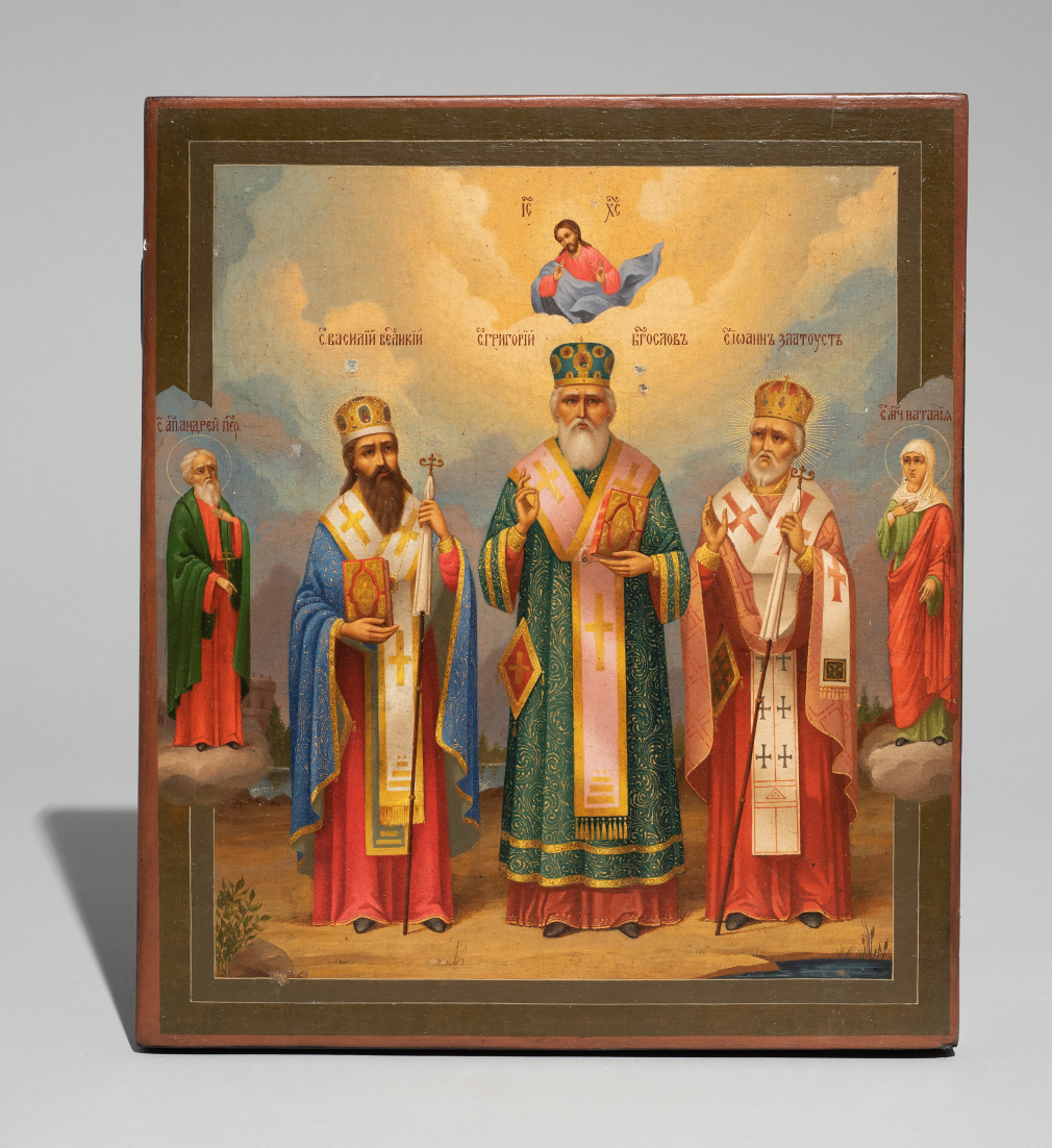 Икона Святые Богословы Василий, Григорий, Иоанн Златоуст с предстоящими Андреем и Натальей 392-19