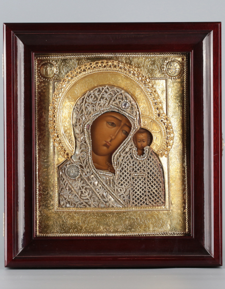 Икона Богородица Казанская в серебряном окладе и шитой ризе - фото - 5