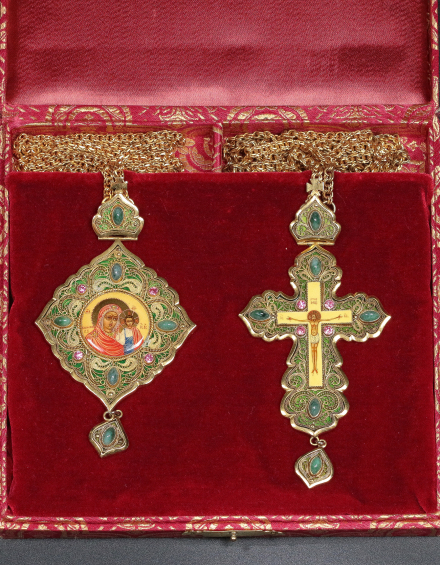 Комплект Панагия с наперсным Крестом в оригинальном футляре периода Патриарха Пимена - фото - 2
