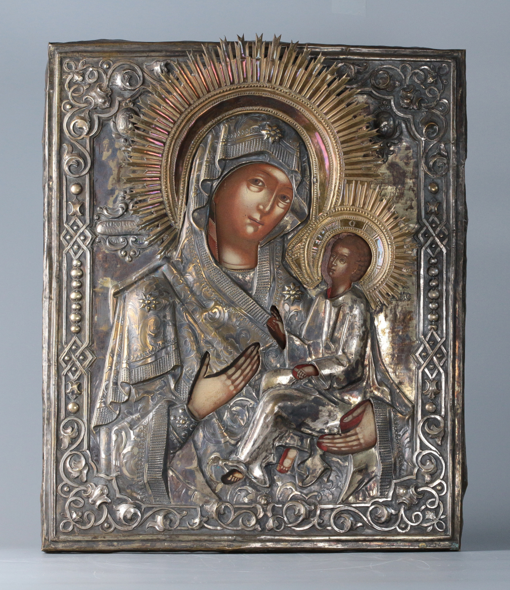Икона Богородица Тихвинская в чеканном окладе 00121-23