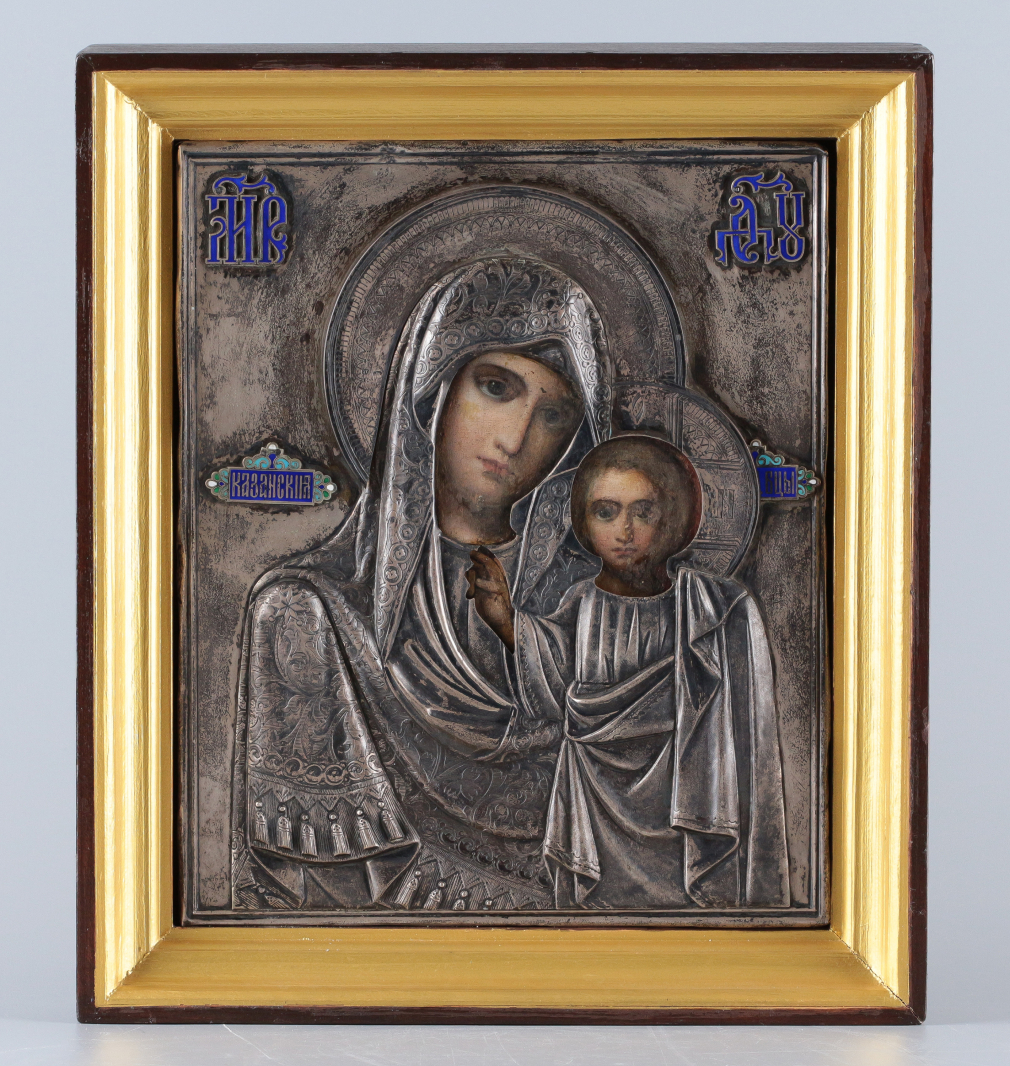 Икона Богородица Казанская в серебряном окладе с эмалью - фото - 1