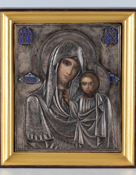 Икона Богородица Казанская в серебряном окладе с эмалью - фото - 1