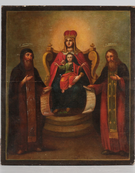 Икона Богородица на троне с предстоящими преподобными Антонием и Феодосием - фото - 2
