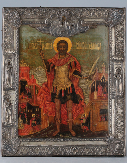 Икона Святой Иоанн Воин в серебряном басменном окладе - фото - 3