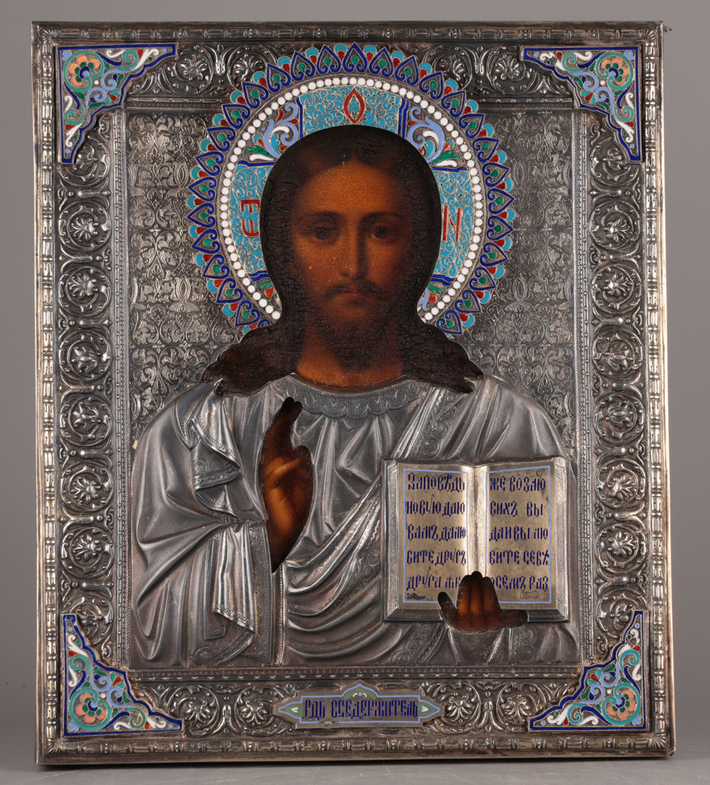 Икона Господь Вседержитель в серебряном окладе с эмалью 00193-25