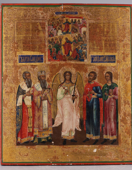 Икона Ангел Хранитель, святые Власий, Модест, Флор и Лавр в молении перед иконой Воскресение Христово - фото - 2