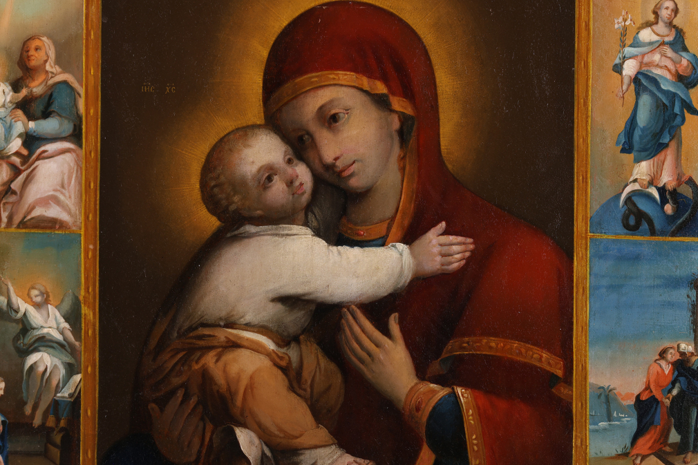 Икона Пресвятая Богородица Владимирская, со сценами истории образа и аллегориями радостей Богоматери 00296-25