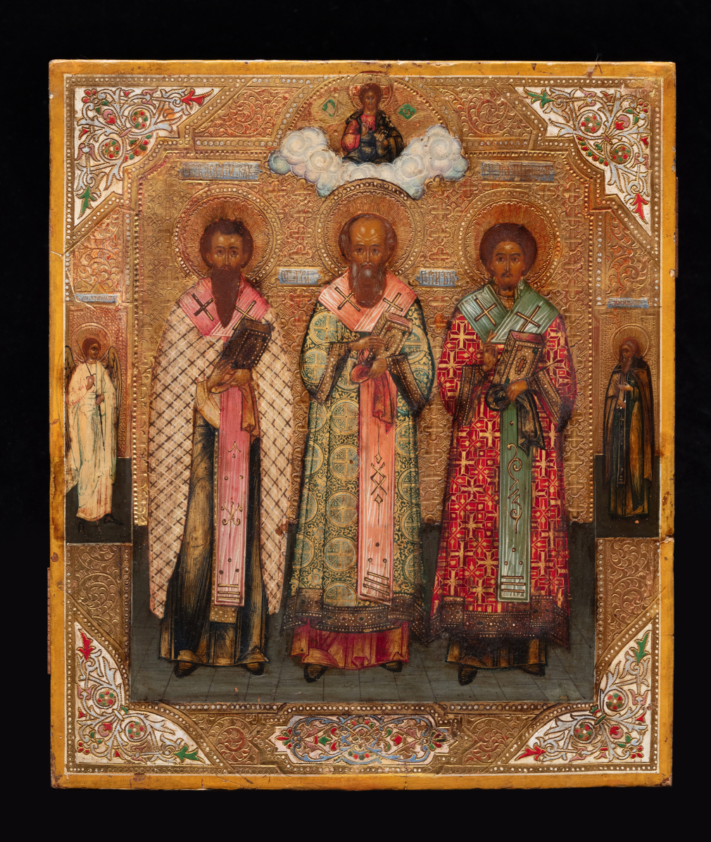Икона Святые Богословы Василий, Григорий, Иоанн с предстоящими святым Николаем и Ангелом Хранителем - фото - 2