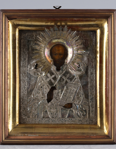 Икона Святой Николай Чудотворец в серебряном окладе - фото - 1